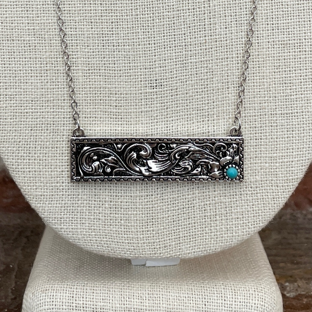 Filigree Bar Necklace With Turquoise Accented Flower